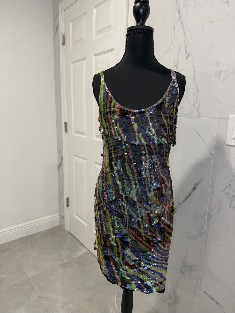 Mark +James Badgley Mischka Iridescent Multicolor Sequin Asymmetrical silkdress